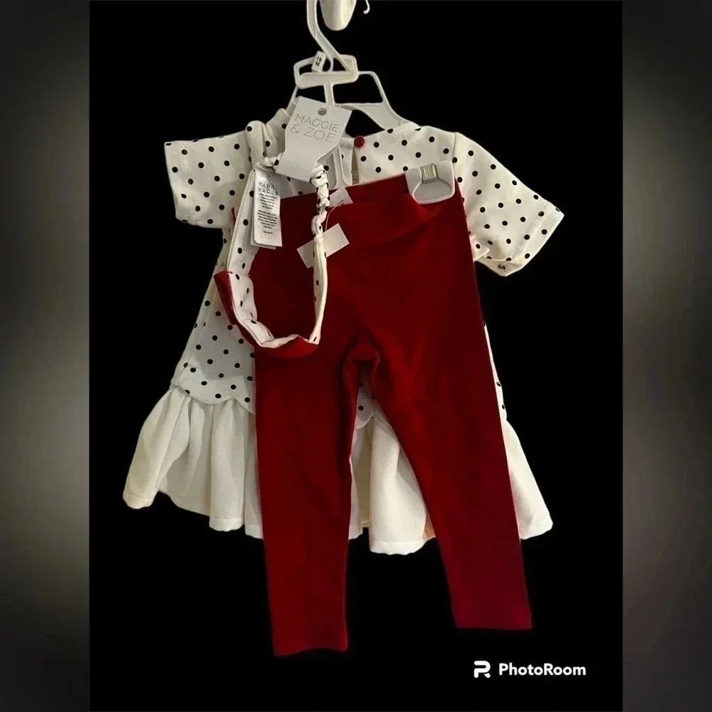 Maggie and Zoe 3 piece Matching Polka dot top and headband with red pants